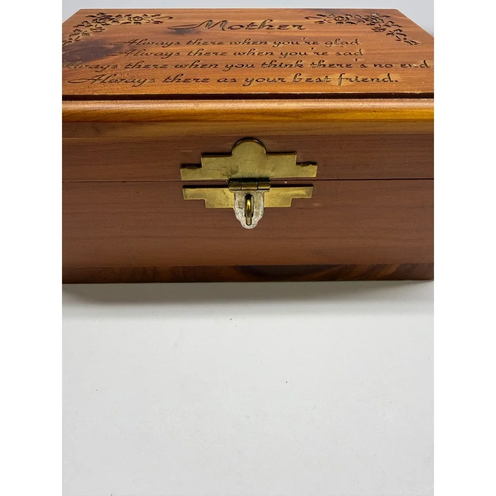 Vintage Cedar Wood Mother Poem Keepsake Box Floral Engraved Jewelry Chest 6x5